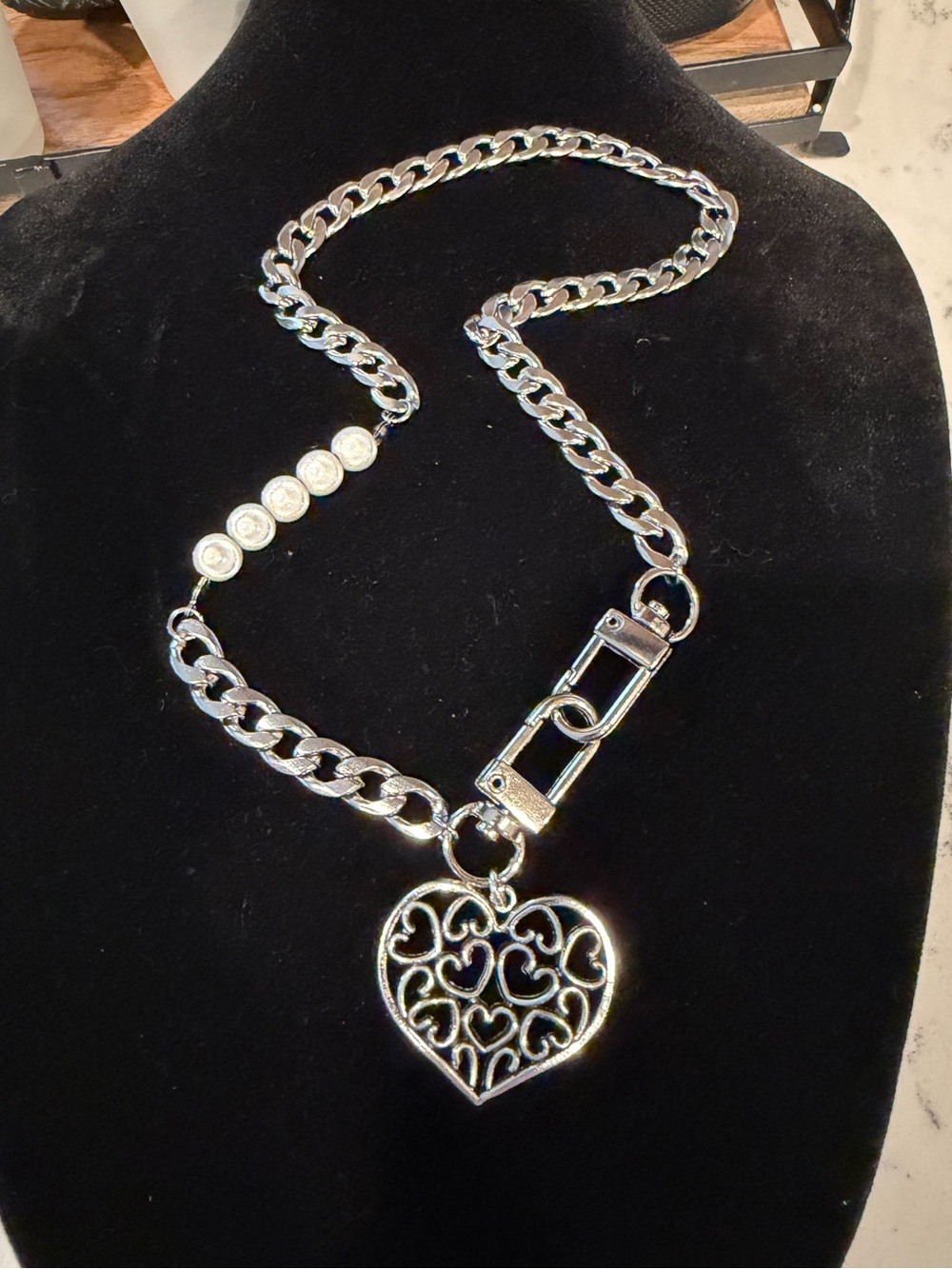 NWOT - Silver Heart Charm Statement Necklace with Faux pearl Accent